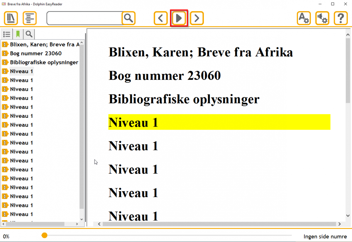 Skærmbillede der viser en åbnet bog i EasyReaders afspiller