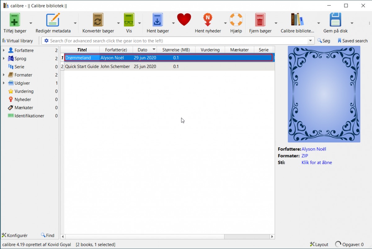 Skærmbillede af den valgte bog i calibre biblioteket