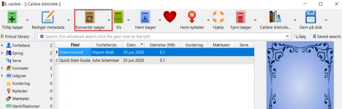 Skærmbillede der viser placeringen af knappen Konvertér bøger