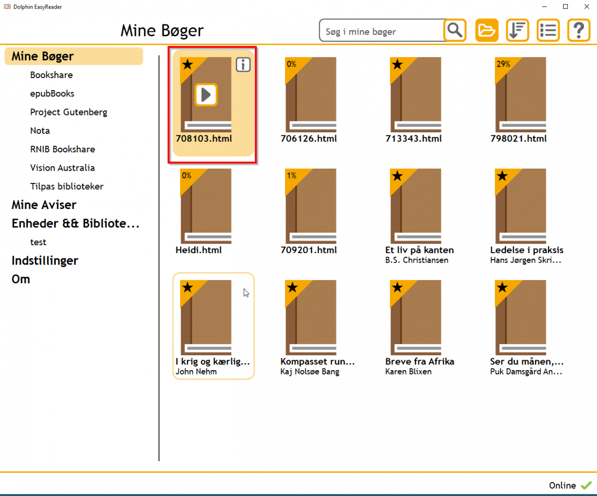 Skærmbillede der viser placeringen af den valgte bog i Mine bøger
