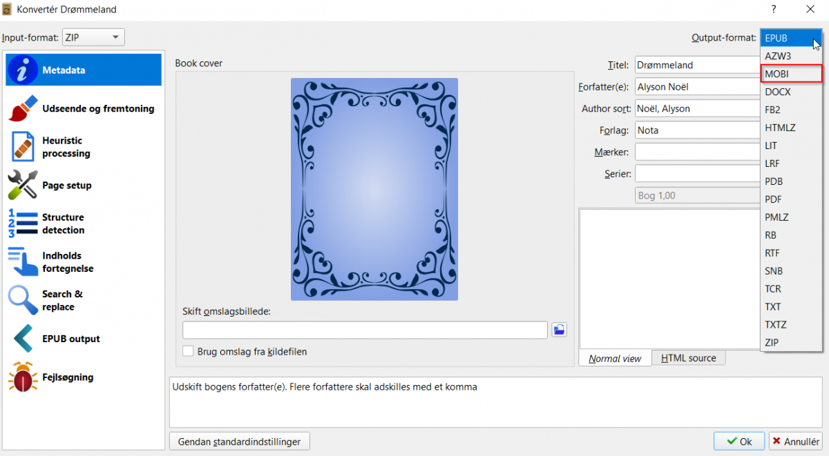 Skærmbillede af valgt MOBI format