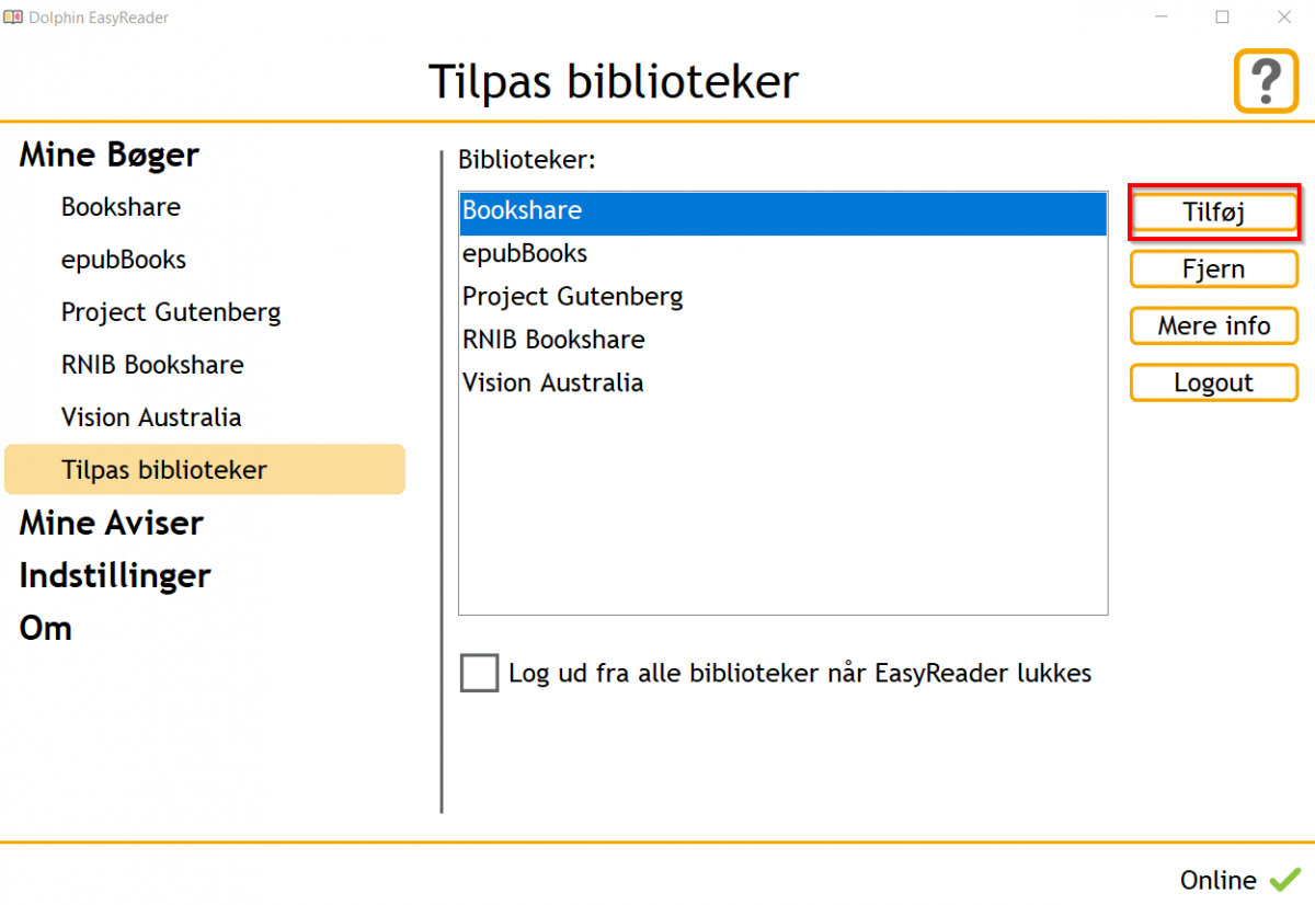 Skærmbillede der viser placeringen af funktionen Tilføj