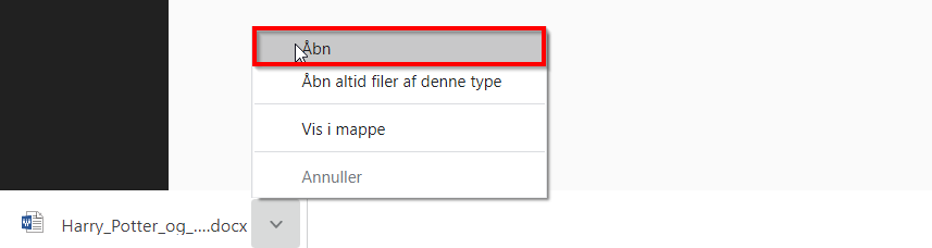 Skærmbillede som viser Åben muligheden i en chrome browser