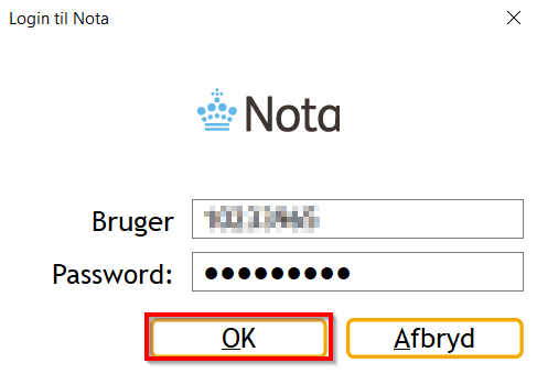 Skærmbillede der viser Login til Nota