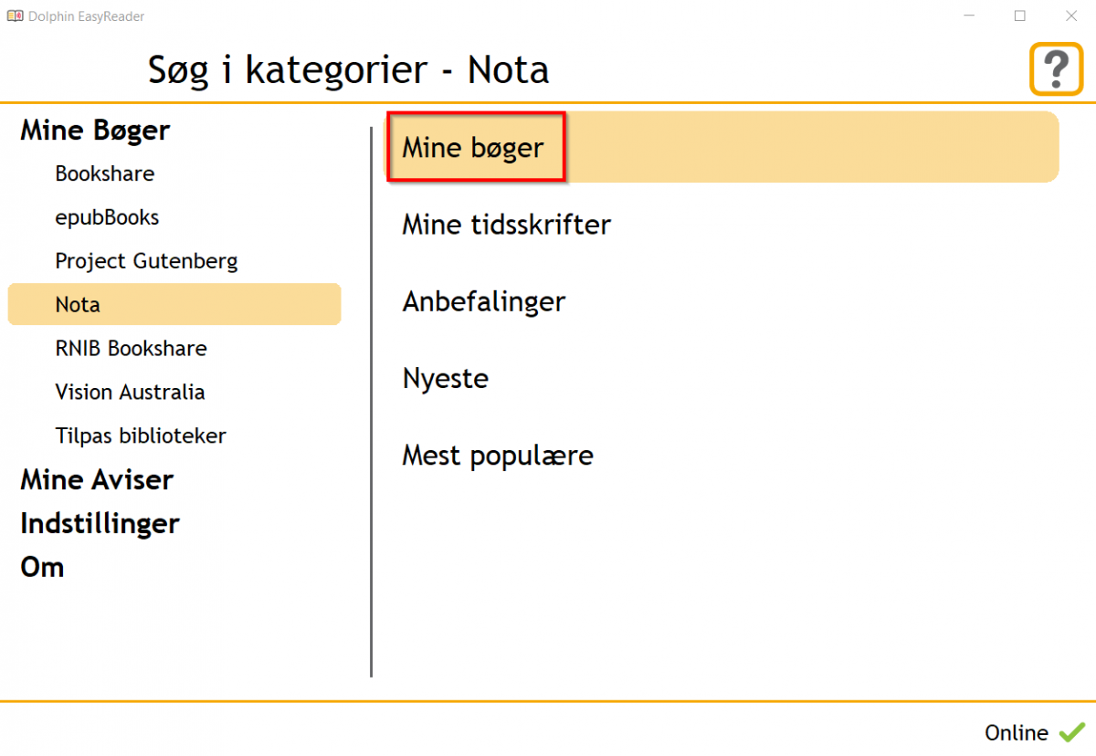 Skærmbillede der viser placeringen af Mine Bøger 