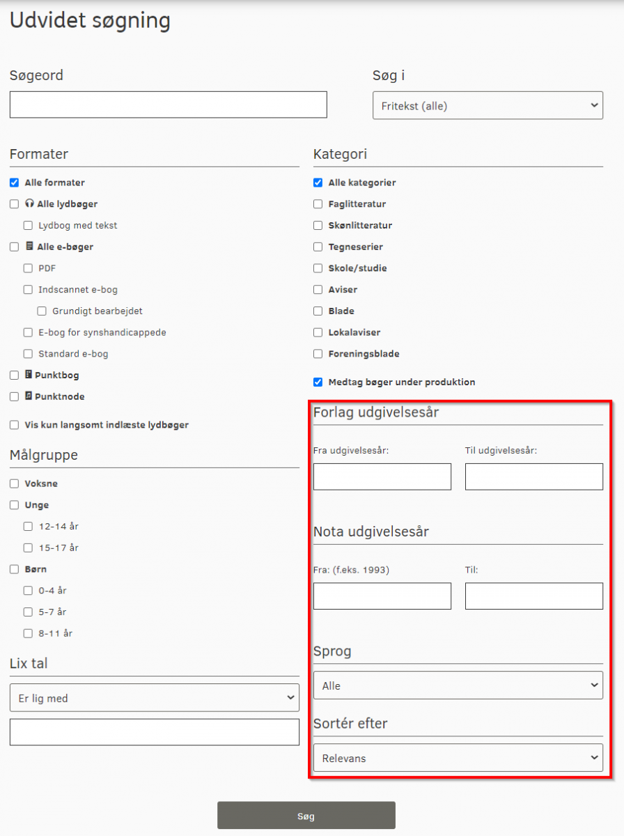Skærmbillede som viser placeringen af mulighederne Forlag, Notas udgivelsesår, Sprog og Sortér efter