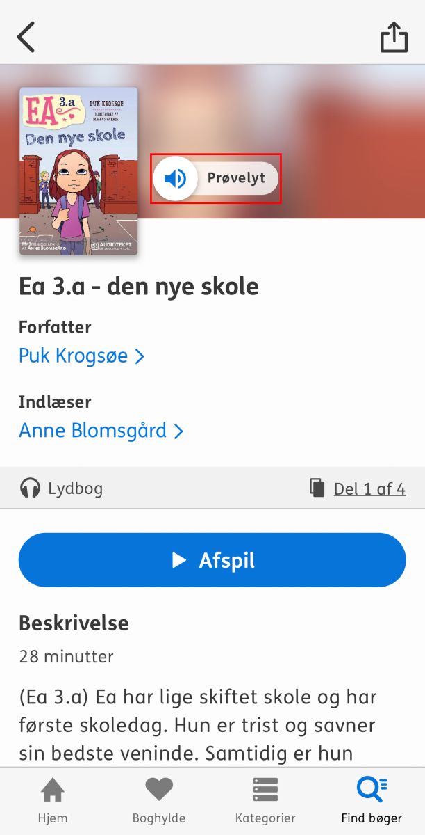 Nota bibliotek appens bogdetaljeside hvor knappen prøvelyt er markeret
