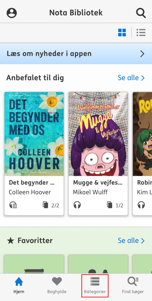 Skærmbillede af forsiden Hjem, hvor du finder knappen Kategorier.