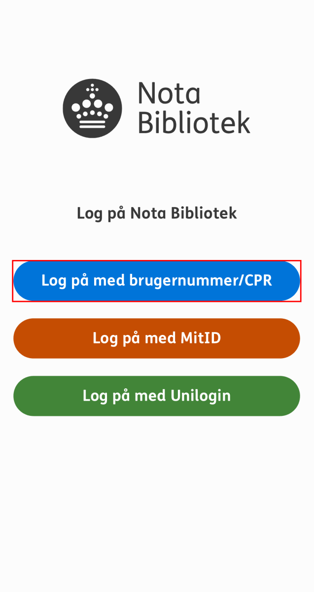 Nota bibliotek appens loginside og knappen log på med brugernummer/cpr markeret