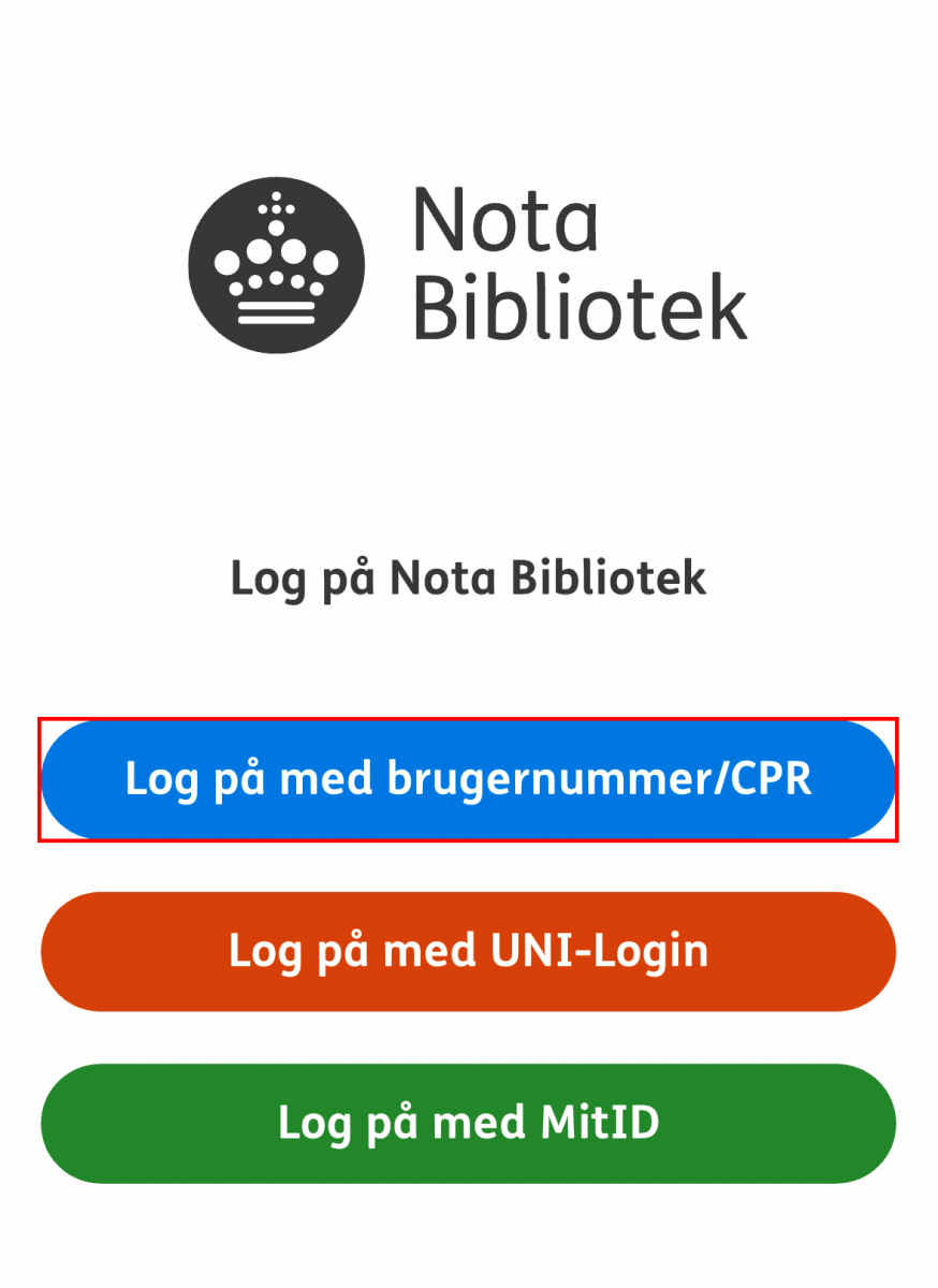 Nota bibliotek appens loginside og knappen log på med brugernummer/cpr markeret