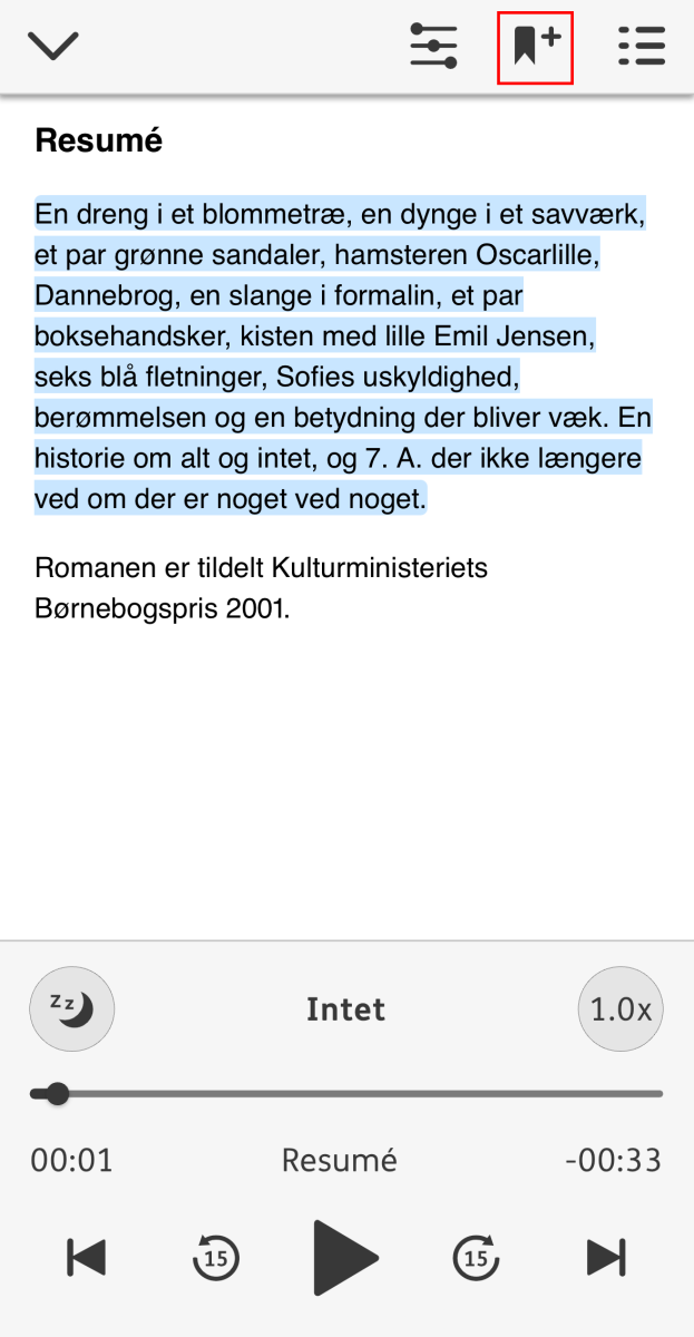 Skærmbillede der viser lydbogsafspilleren hvor man kan finde knappen tilføj bogmærke