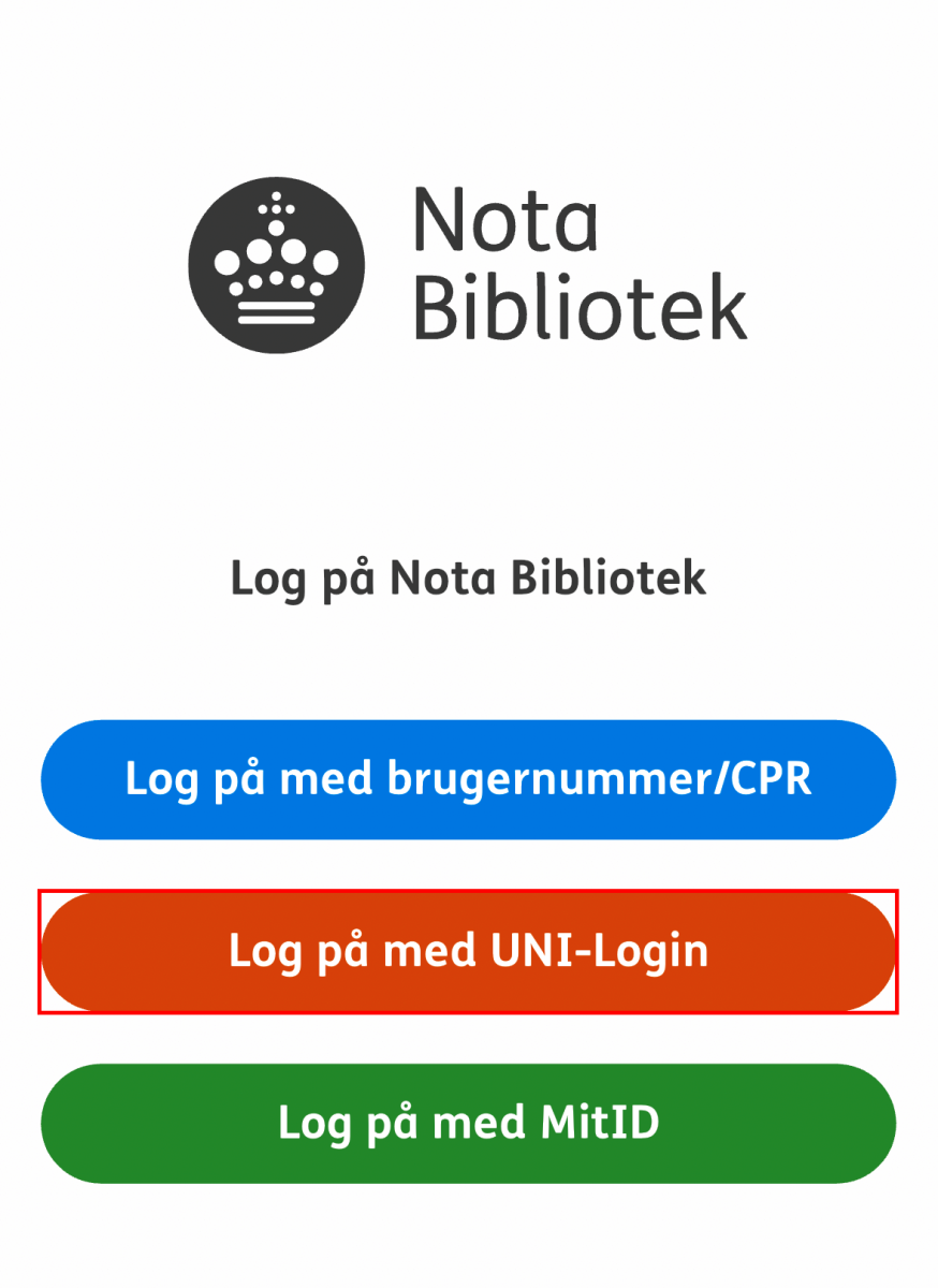 Nota bibliotek appens login side og knappen log på med UNI-Login markeret