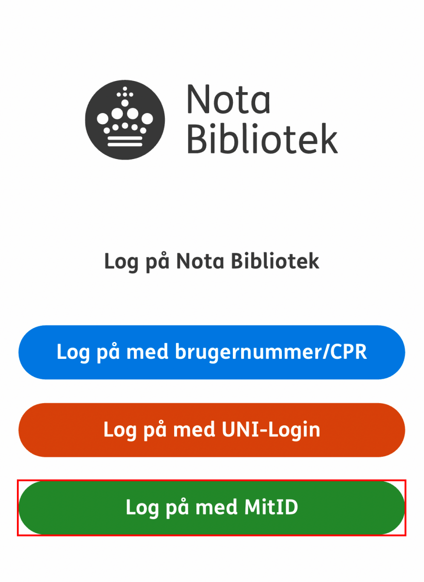 Nota bibliotek appens login forside med knappen log på med MitID markekret