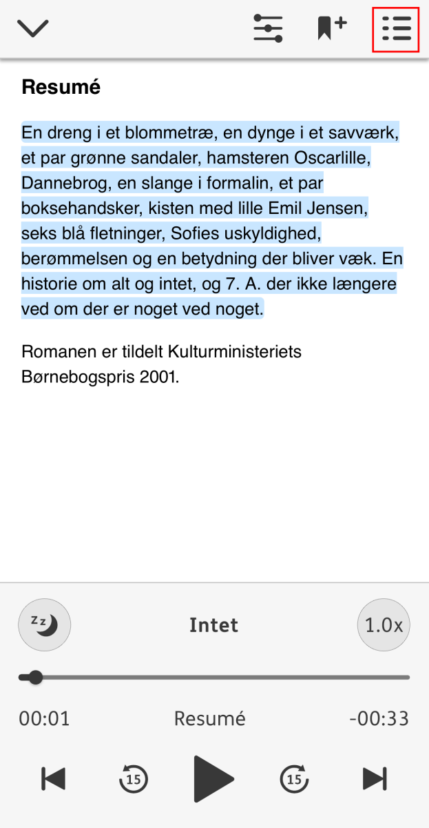 Skærmbillede der viser lydbogsafspilleren hvor du kan finde knappen indholdsfortegnelsen og bogmærker