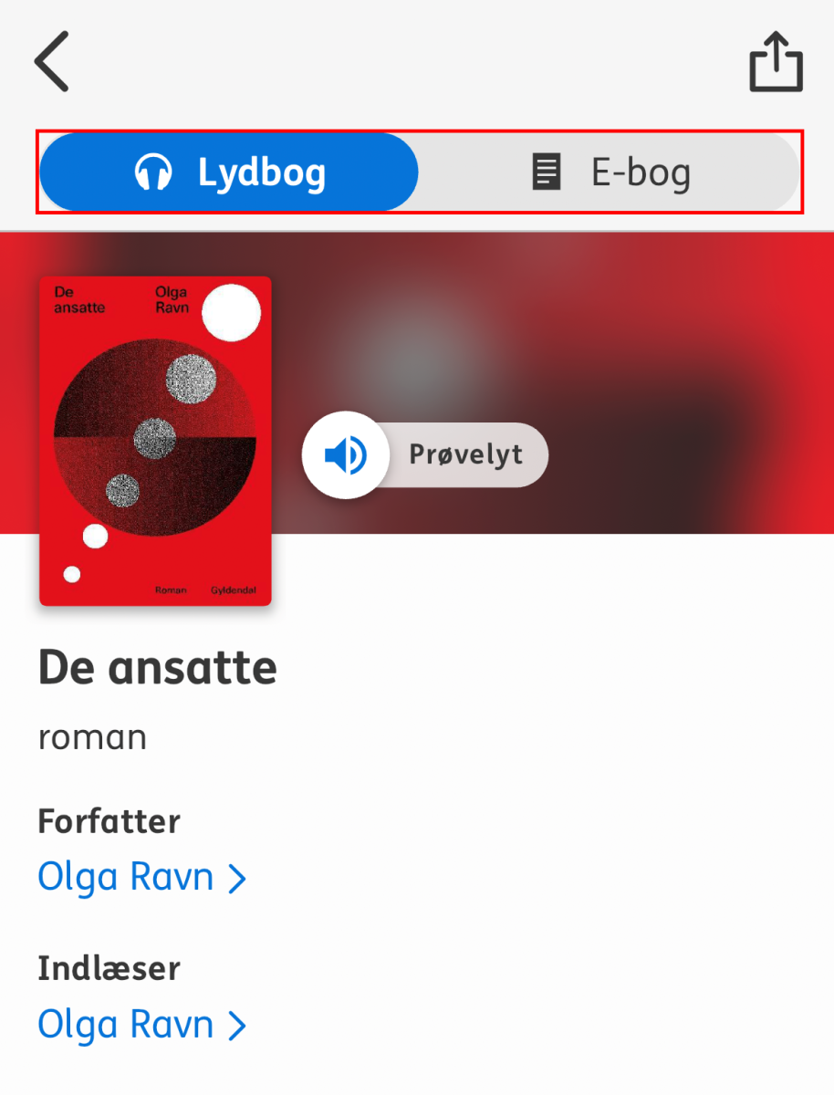 Skærmbillede der viser en bog som man kan vælge som lydbog eller e-bog