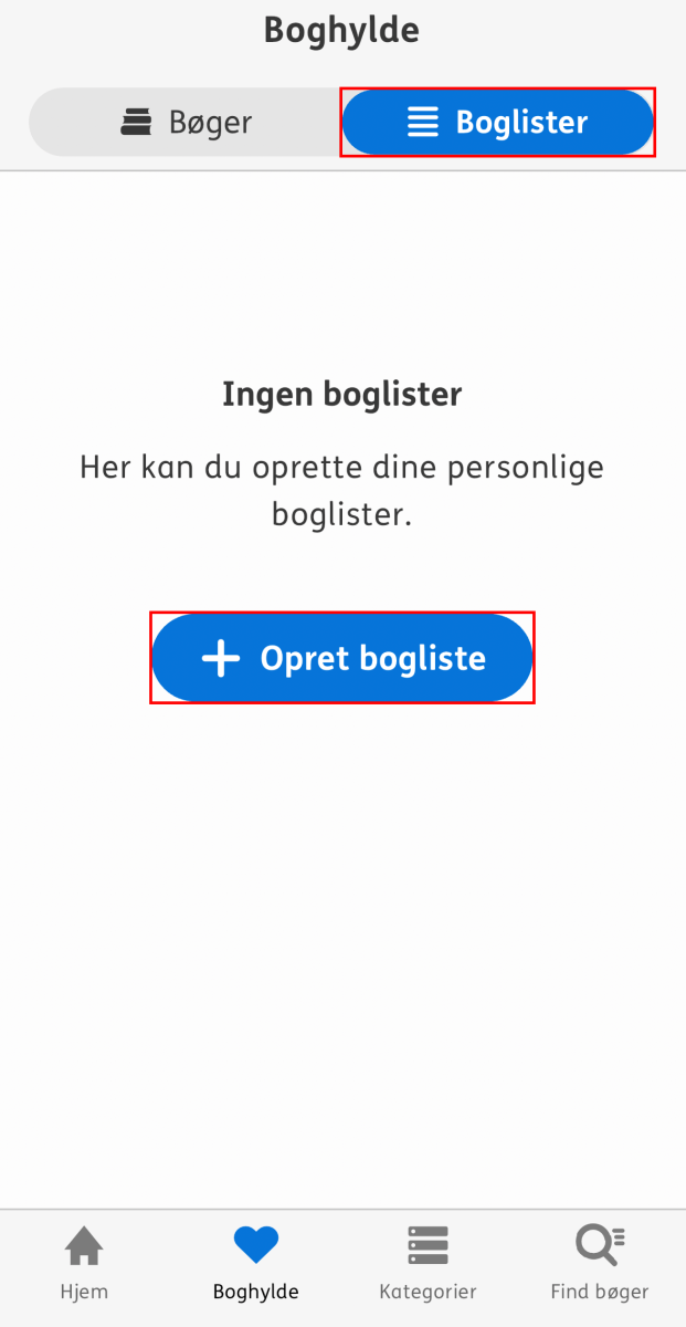 Skærmbillede af fanen Boglister og knappen Opret bogliste hvor du kan oprette en bogliste