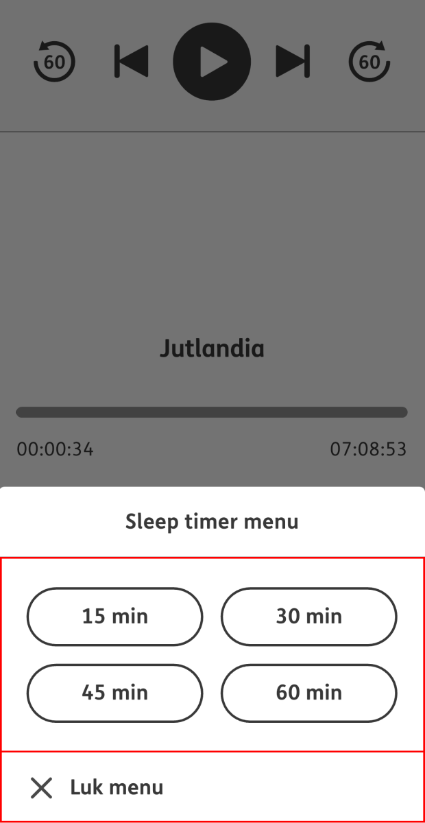 Skærmbillede som viser sleep timer menuen og dens forskellige indstillinger
