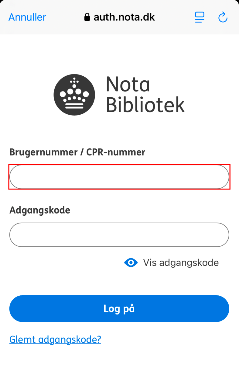 Nota bibliotek appens login side og feltet brugernummer / cpr nummer markeret