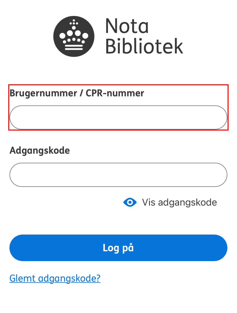 Nota bibliotek appens login side og feltet brugernummer / cpr nummer markeret