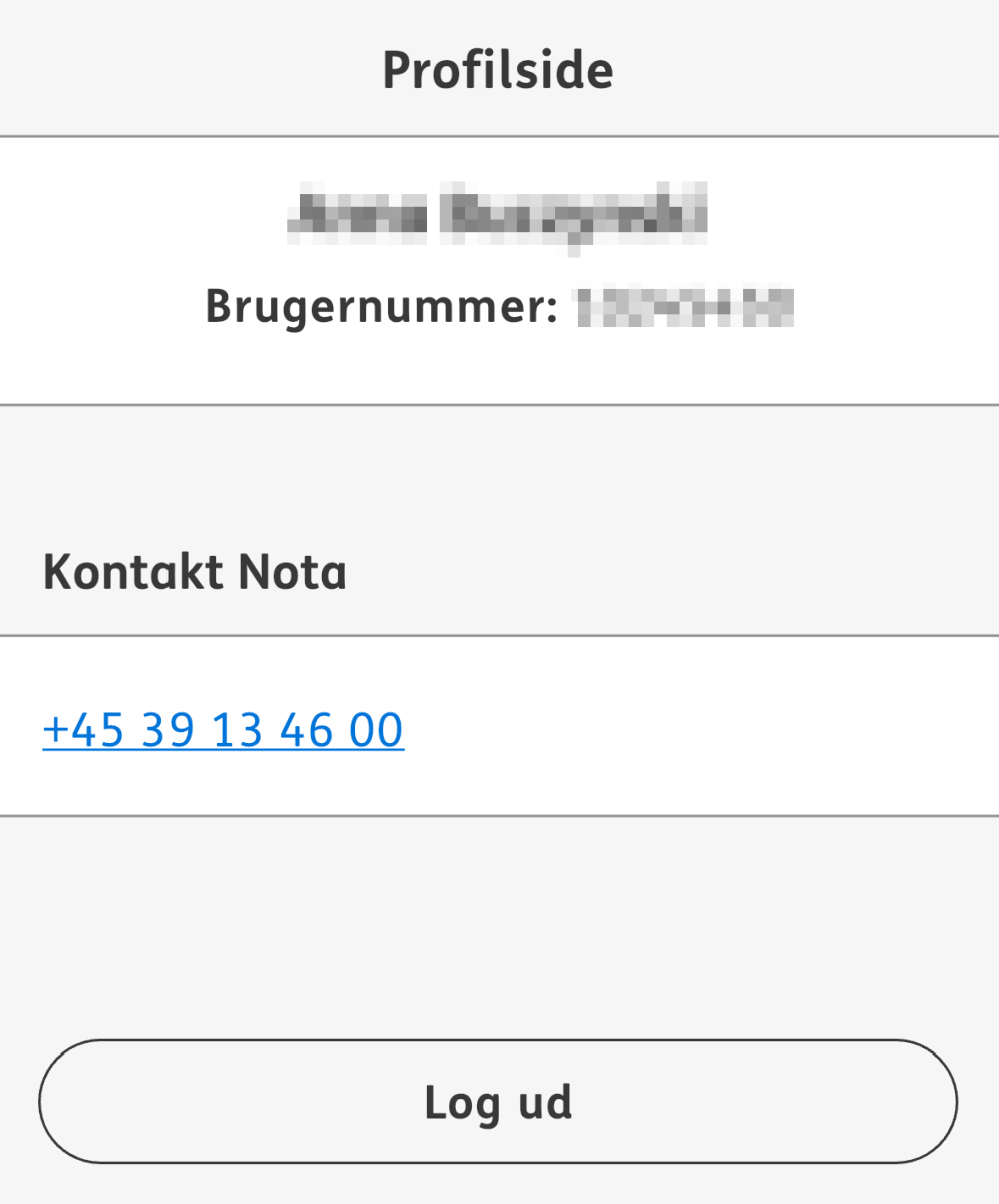 Skærmbillede som viser profilsiden og nummeret til Nota i Nota Nem appen