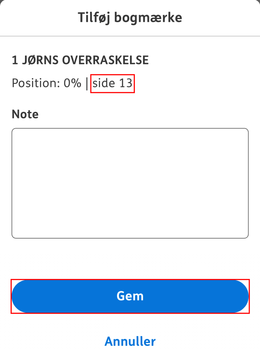 Skærmbillede af funktionen tilføj bogmærke hvor man kan se side, skrive en note og gemme bogmærket