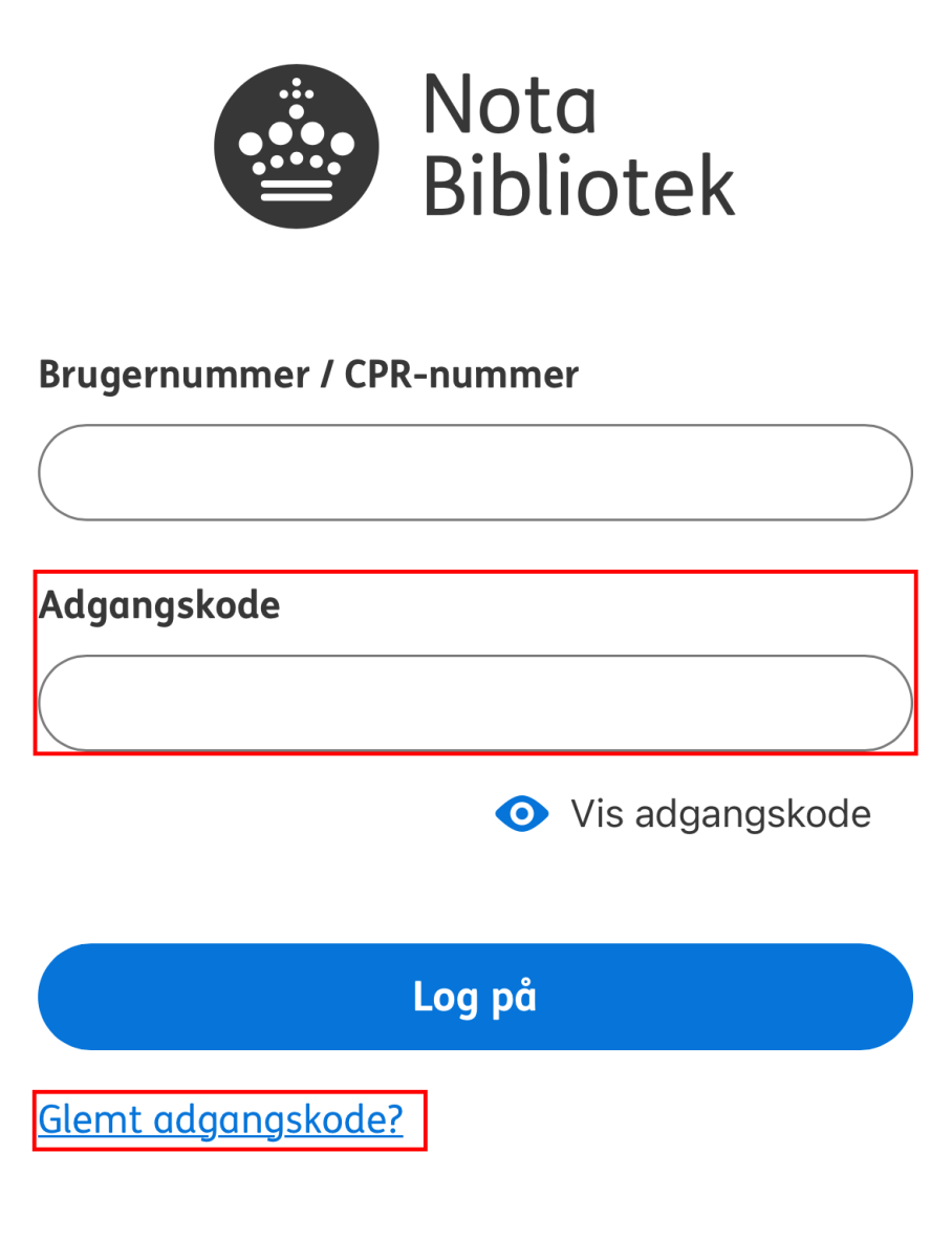 Nota bibliotek appens login side og feltet adgangskode og knappen glemt adgangskode markeret 