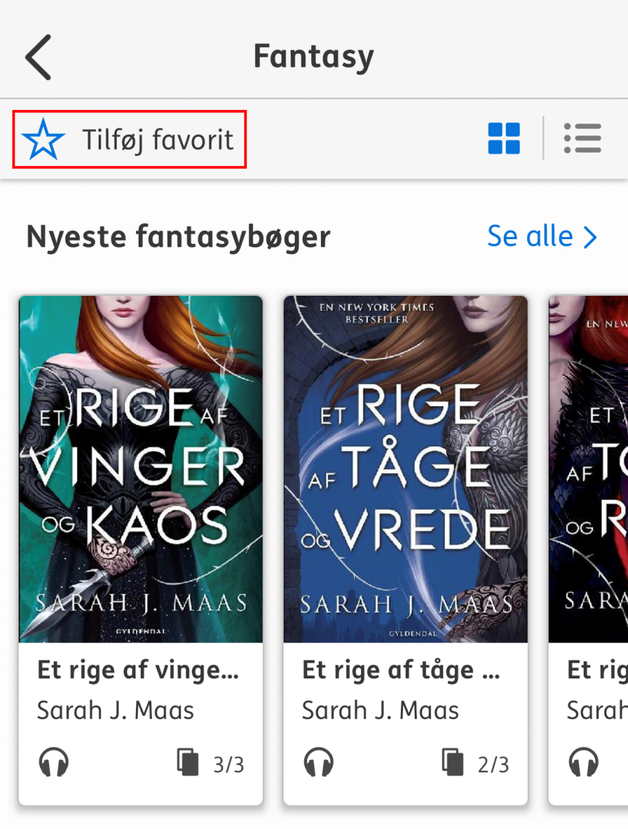 Nota bibliotek appens kategori side fantasy hvor tilføj favorit knappen er markeret