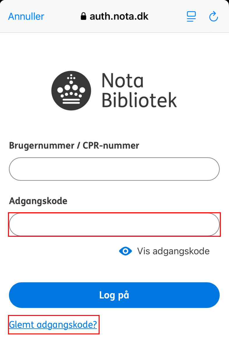 Nota bibliotek appens login side og feltet adgangskode og knappen glemt adgangskode markeret 