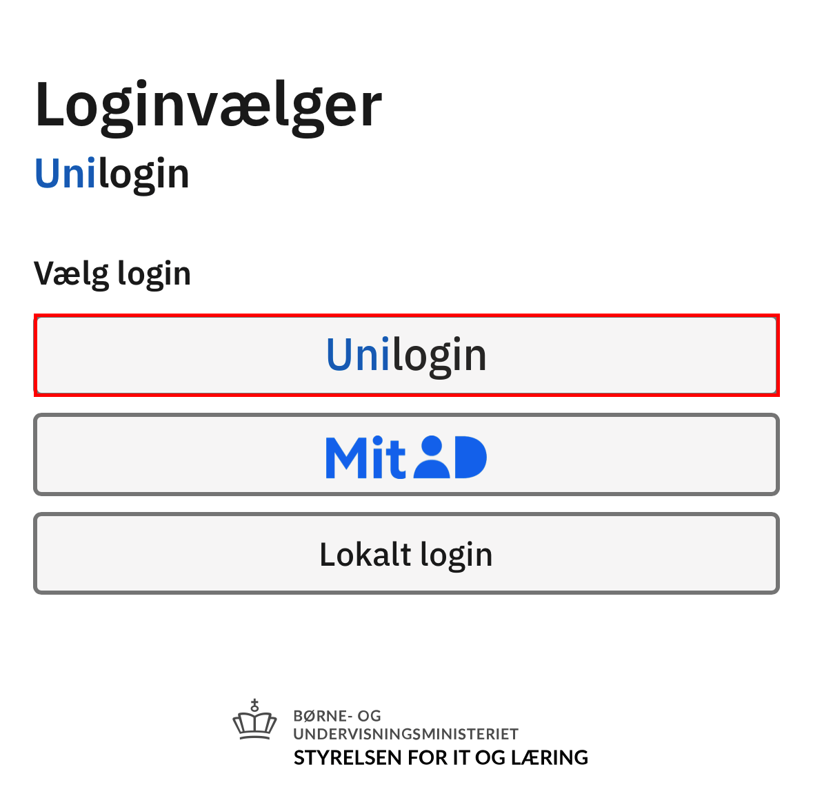 Side med forskellig login valgmuligheder og knappen UNI-login markeret