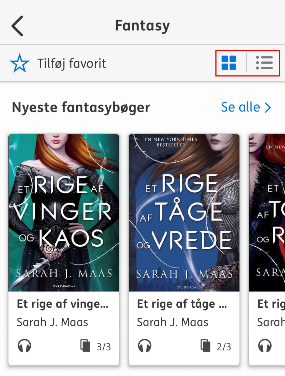 Nota bibliotek appens kategori side fantasy hvor boglistevisnings mulighederne er markeret