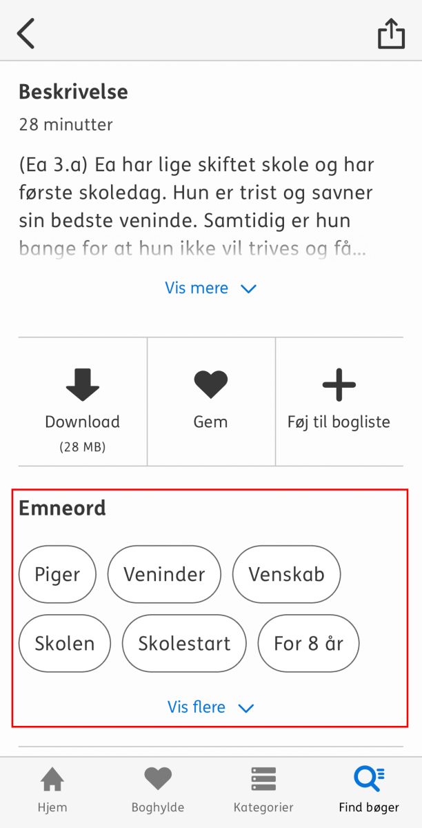 Nota bibliotek appens bogdetaljeside hvor emneord sektionen er markeret