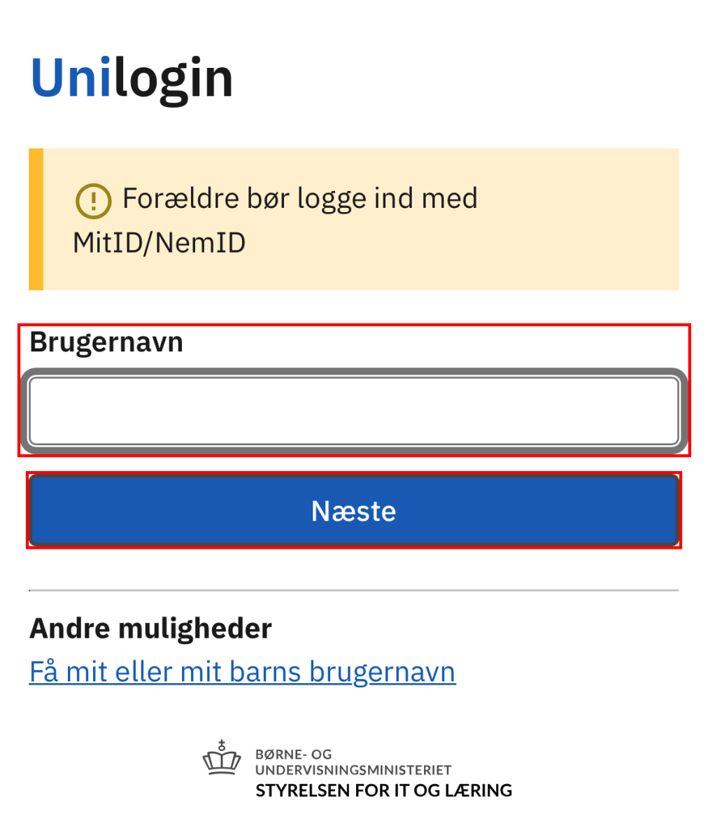 Uni-logins forside med feltet brugernavn til UNI-Login og knappen næste markeret
