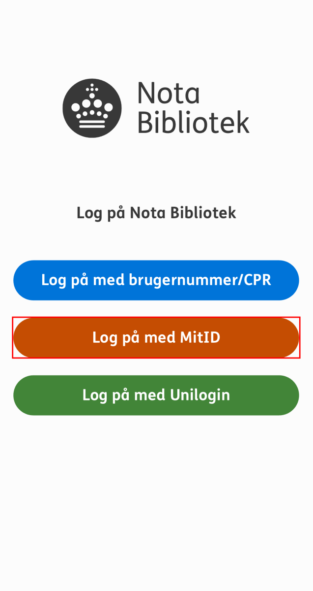 Nota bibliotek appens login side og knappen log på med UNI-Login markeret