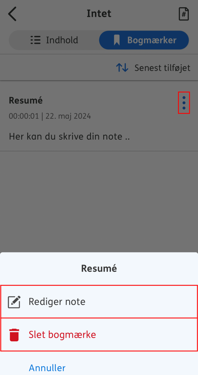 Skærmbillede der viser hvor man kan redigere eller slette sit bogmærke