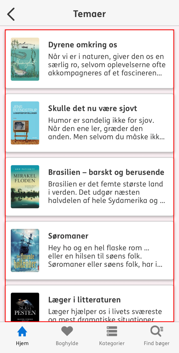 Skærmbilleder der viser en liste af forskellige temaer som man kan læse om i Notas Bibliotek 