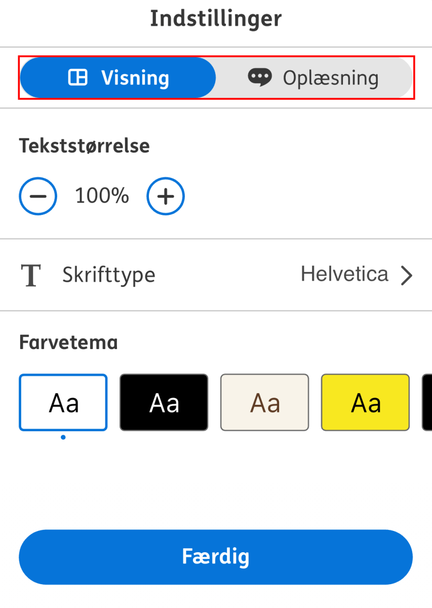 Nota bibliotek appens side med indstillinger hvor de to faner visning og oplæsning er markeret