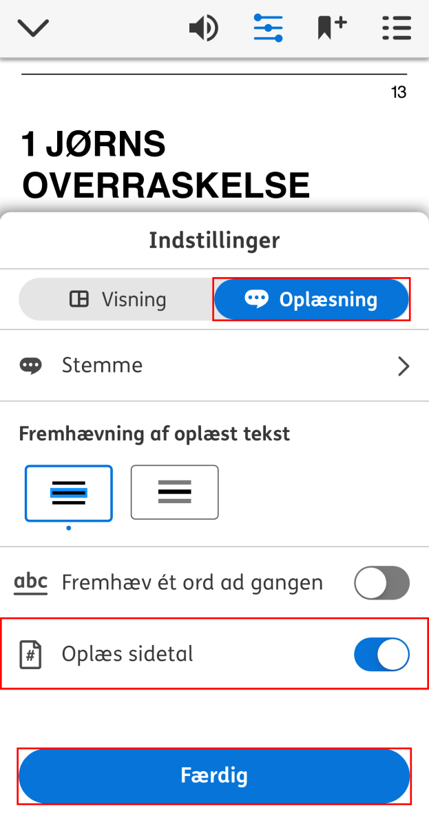 Skærmbillede der viser hvordan du kan slå oplæsning af sidetal til i en bog