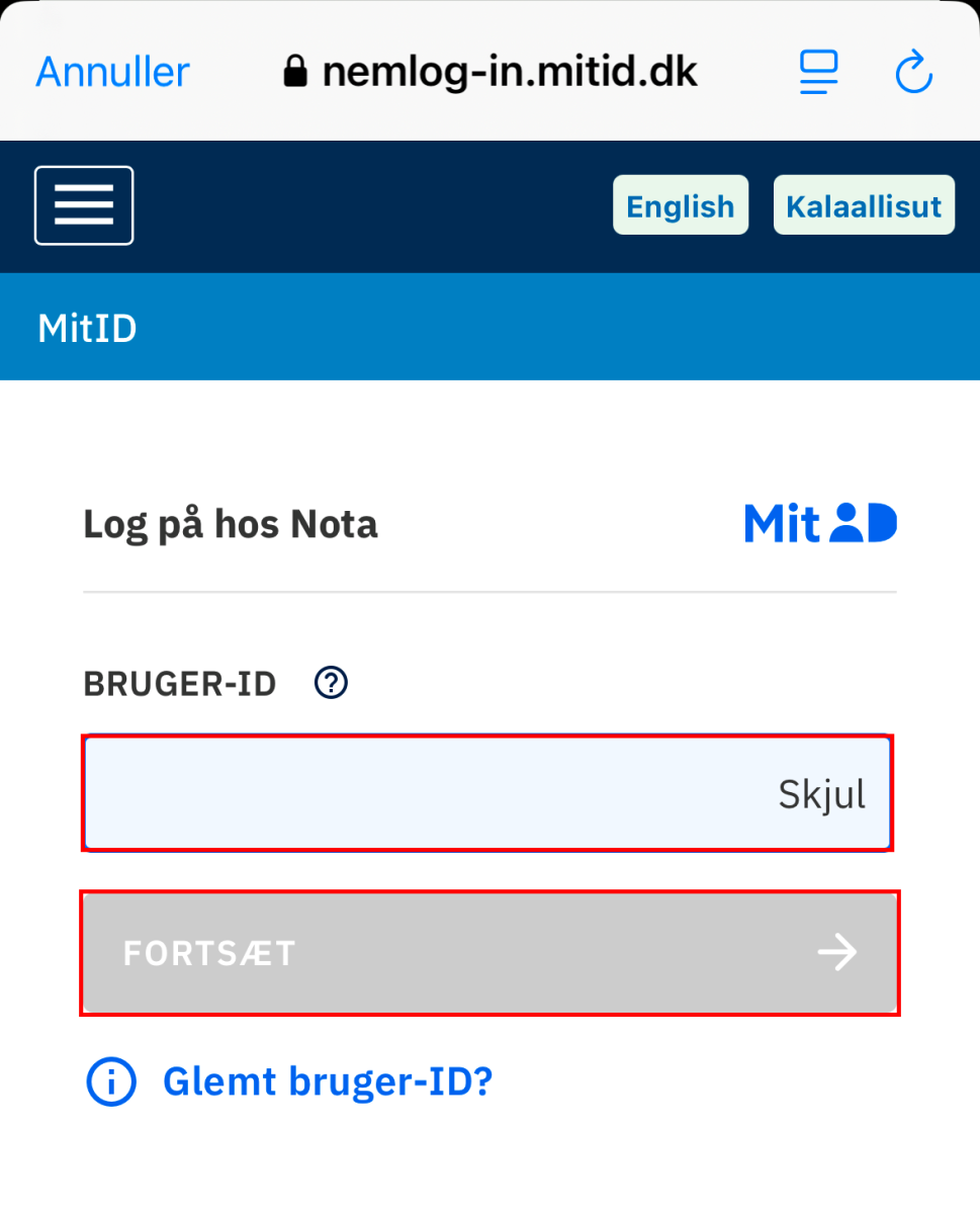 Skærmbillede af MitIDs forside med bruger-id feltet og knappen forsæt markeret