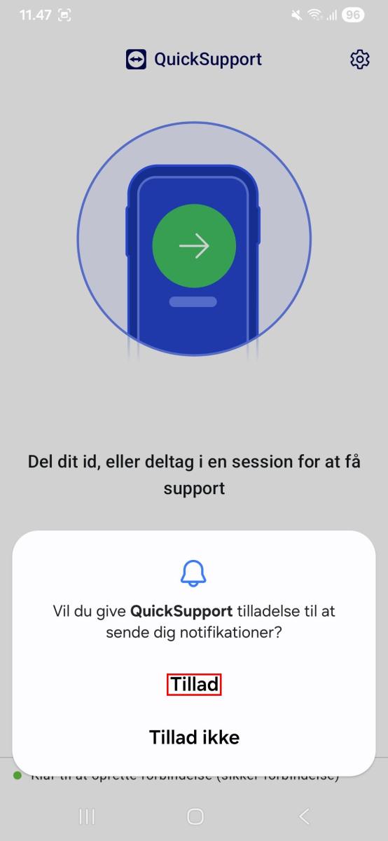QuickSupport viser en dialogboks om tilladelse til at sende notifikationer.