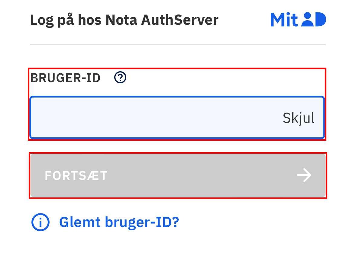 MitIDs forside med bruger-id feltet og knappen forsæt markeret
