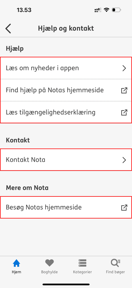 Skærmbillede som viser hvor du kan finde hjælpeartikler, notas mailadresse og telefonnummer samt link til notas hjemmeside