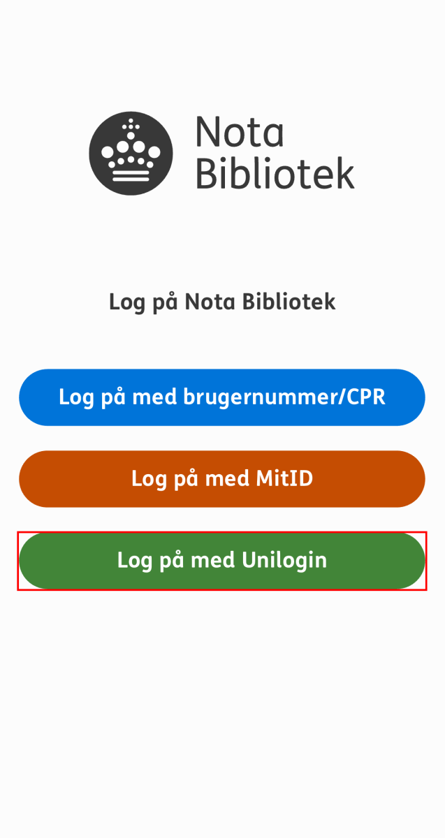 Nota bibliotek appens login side og knappen log på med UNI-Login markeret