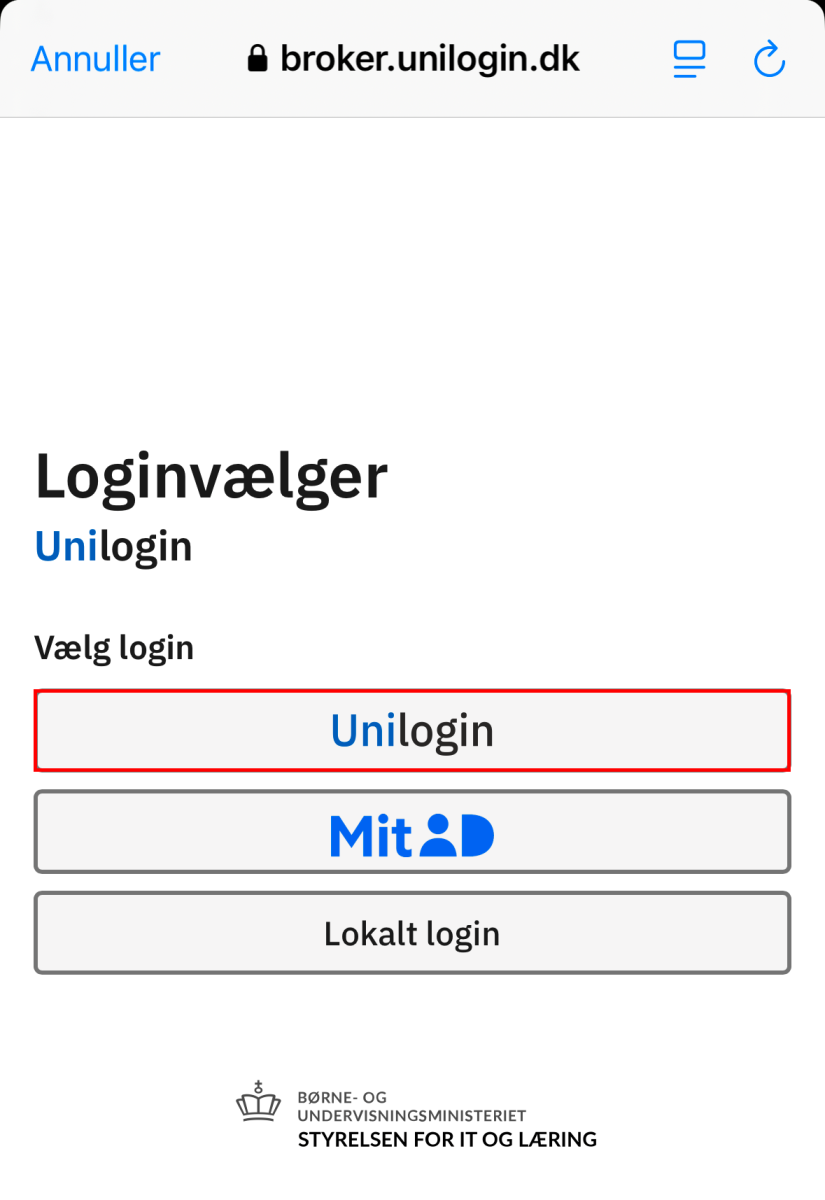 Skærmbillede af side med forskellig login valgmuligheder og knappen UNI-login markeret