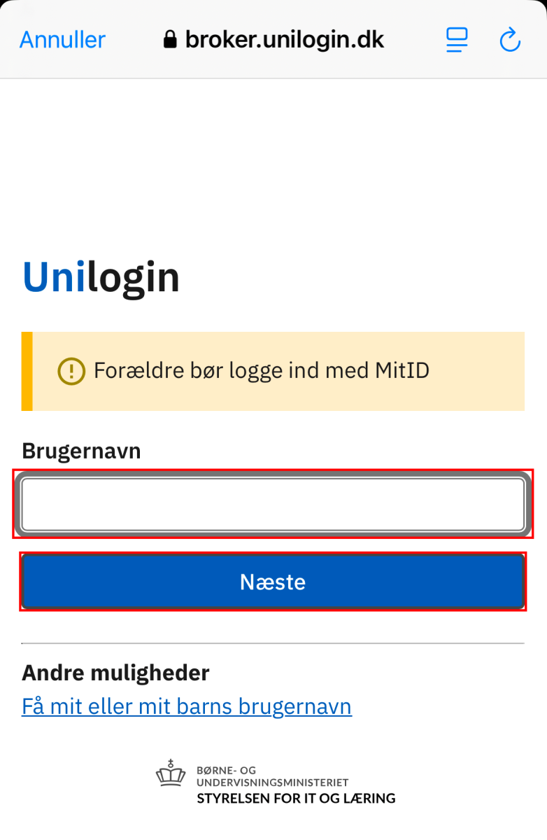 Skærmbillede af uni-logins forside med feltet brugernavn til UNI-Login og knappen næste markeret