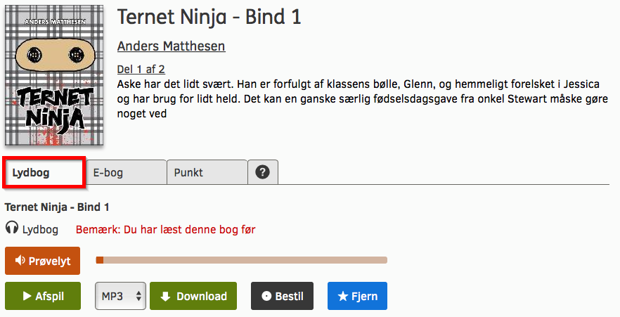 Skærmbillede der viser placeringen af fanen lydbog 