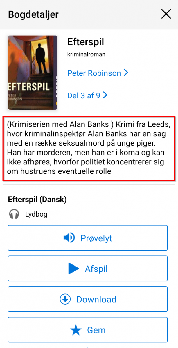 Skærmbillede der viser placeringen af beskrivelsen af bogen