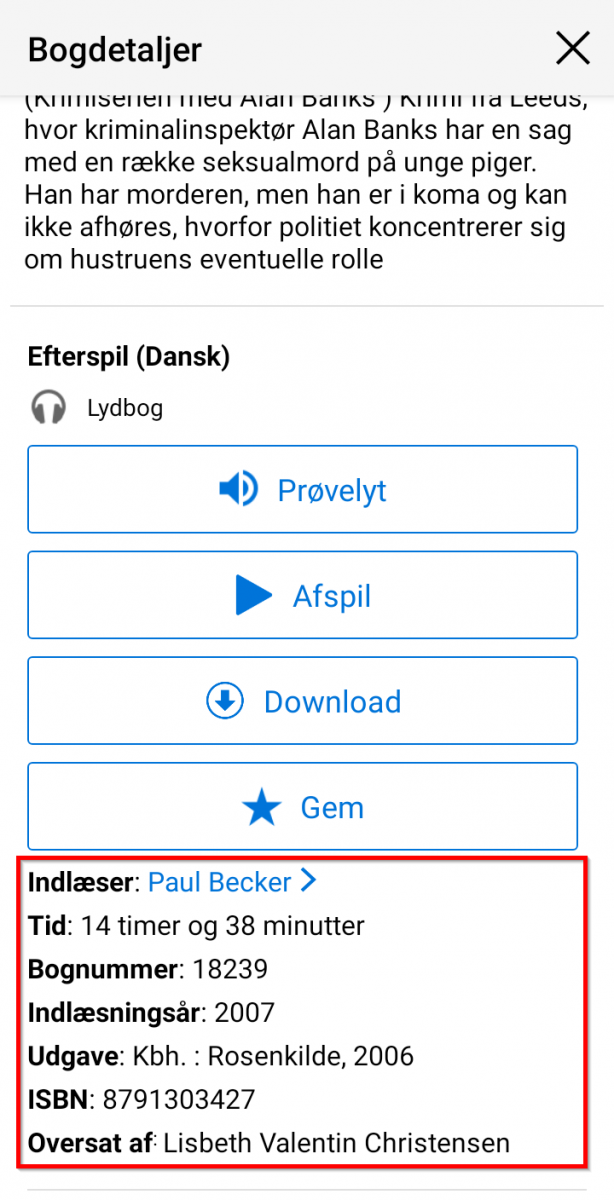 Skærmbillede, der viser placeringen af andre detaljer på bogen, såsom navn på indlæseren