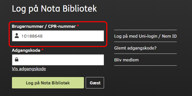 Skærmbillede der viser placeringen af feltet Brugernummer / CPR-nummer