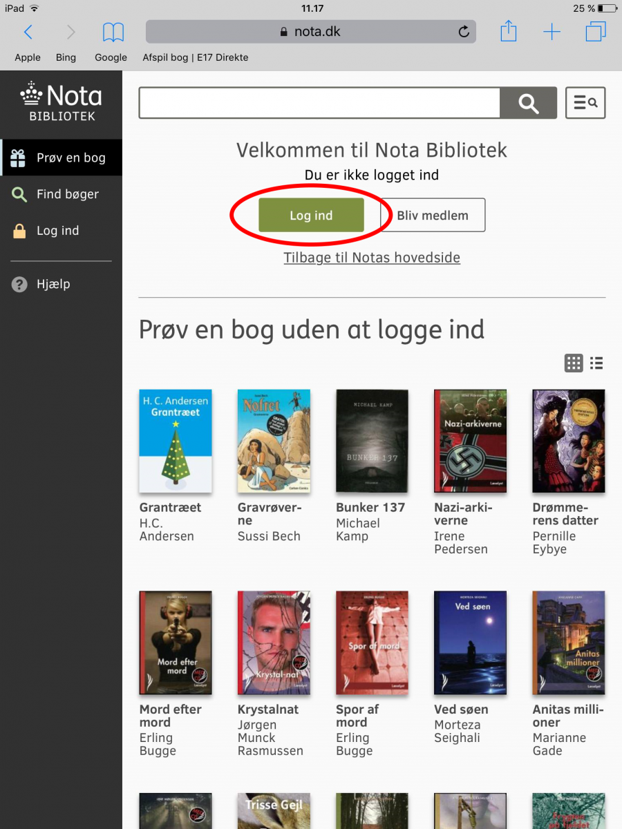 Skærmbillede af Nota biblioteks forside