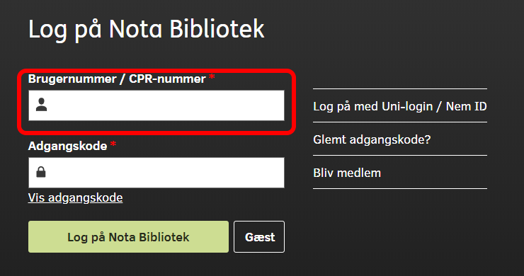 Skærmbillede af Log på Nota Bibliotek